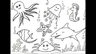 How To Draw Sea Creatures Animals  Sea Horse Shark Jelly Fish Octopus Etc [upl. by Eyma]