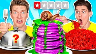 Worst Reviewed Food Mystery Wheel Challenge amp How To Eat Weird Foods Like a Taro Pancake [upl. by Anomor]