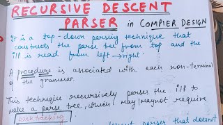 Lecture22 Recursive descent parser with example in COMPILER DESIGN [upl. by Kenleigh]