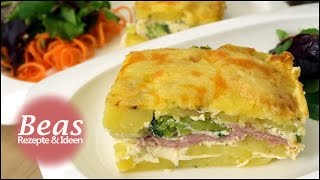 Kartoffelgratin Auflauf  Rezept mit Käse Schinken und Brokkoli [upl. by Utter]