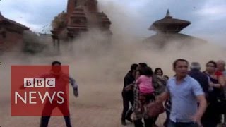 Nepal earthquake Video shows terrified tourists as the temple collapses  BBC News [upl. by Barling]