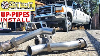 2001 F350 73  RiffRaff UpPipes Install  Stock up pipes leaking and falling apart JUNK SP [upl. by Kera969]