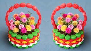 Recycle Plastic Bottle Caps To Make Beautiful Ccolorful Flower Pots For Your Small Garden [upl. by Titus]